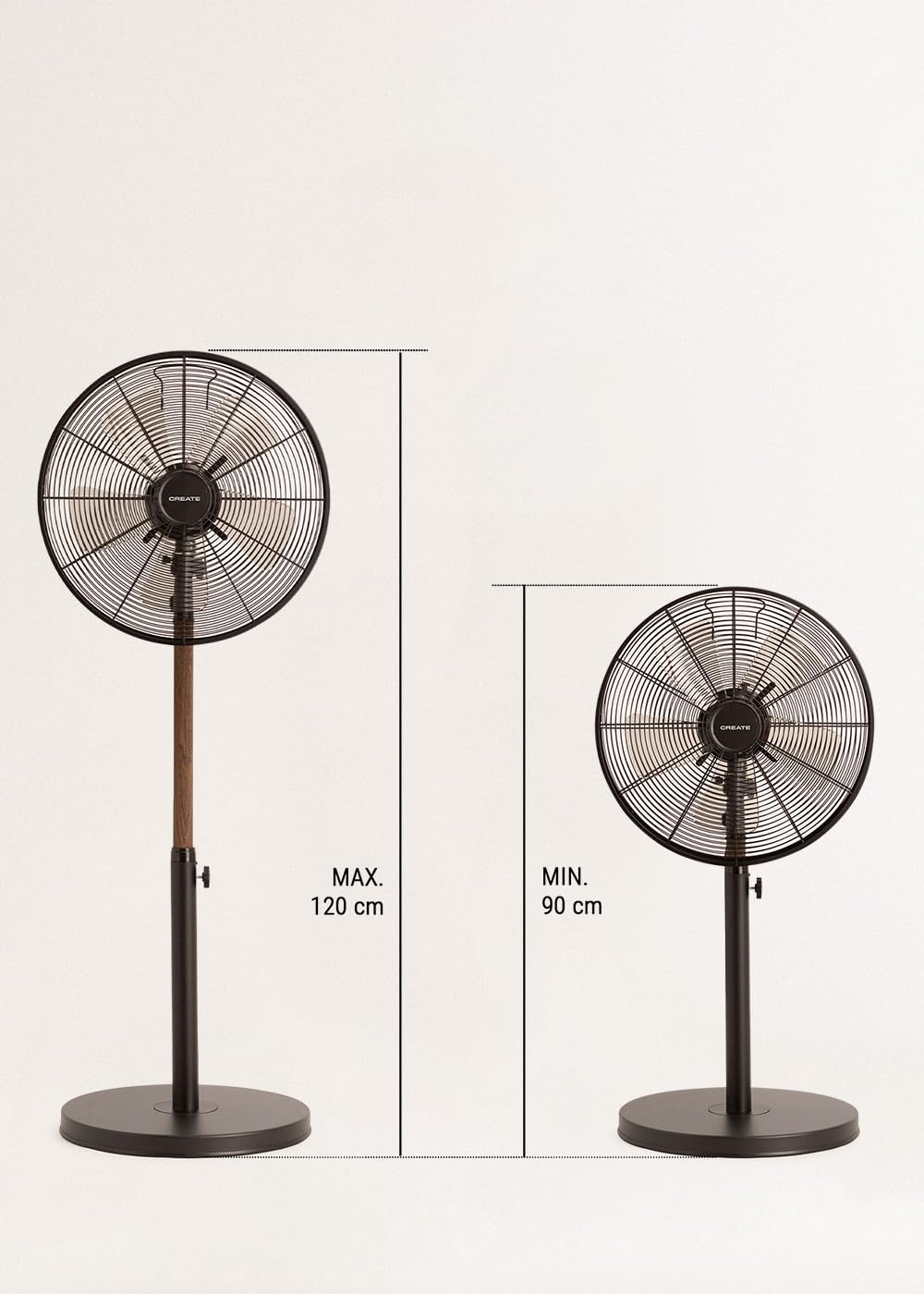 CREATE / AIR STAND WOOD/Oszillierender Standventilator Schwarz / 50W, höhenverstellbar und regulierbar, 3 Geschwindigkeiten, Sicherheitssystem, Ø40, Kupfermörtel