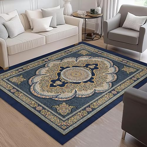 Image of Cotton Bolls Textiles Rugs for Living Room 5x7 Feet Large Size | Lightweight Foldable Carpet for Bedroom & Hall | Easy to Handle During Daily Cleaning | Travel Friendly Printed Rug | Navy