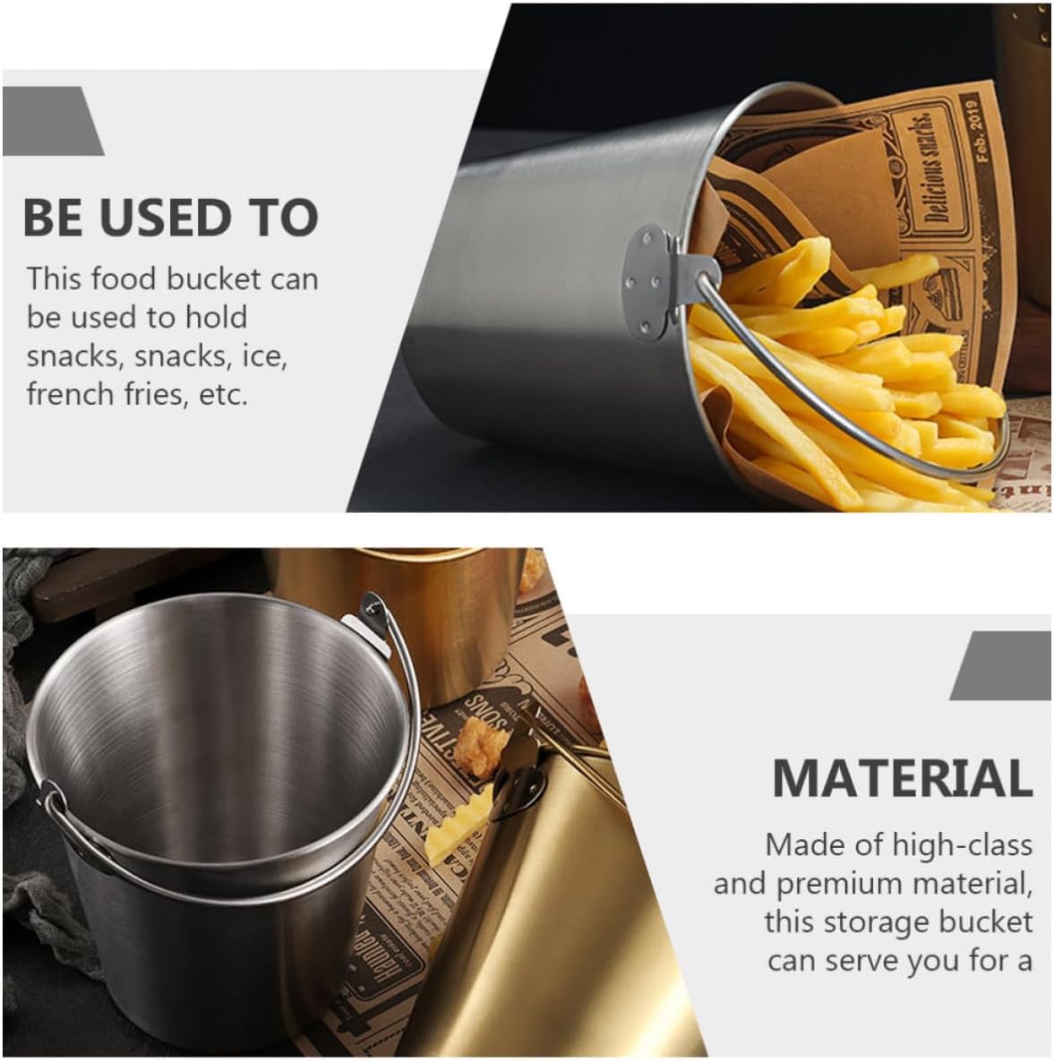 Stainless Steel Chips Bucket with Handle Portable Food Container for French Fries and Snacks, Unique Design with Simple Appearance for Table and Parties Use image 5