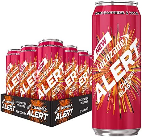 Lucozade Alert Cherry Blast 500ml  Can ; High Caffeine Energy Drink ; Naturally-sourced caffeine ;Great Taste; Contains vitamin B3 to help reduce tiredness ;Fully recyclable