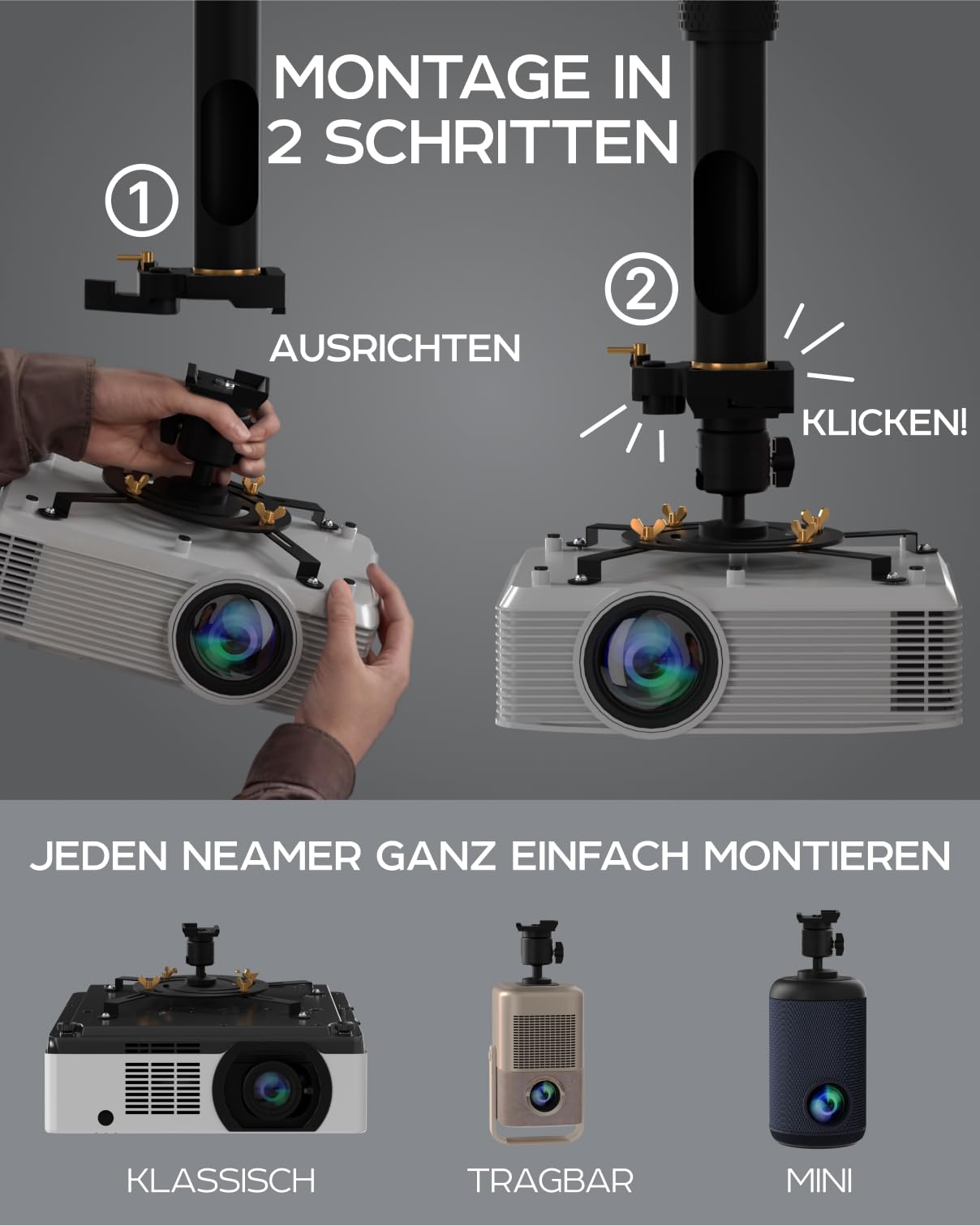 Universal-Projektorhalterung – verstellbare Decken- oder ausziehbare Wandhalterung für Mini-Projektoren für Büro und Zuhause – voll beweglich, einfache Installation, 360° schwenkbar, Länge 13,8“ - 21“