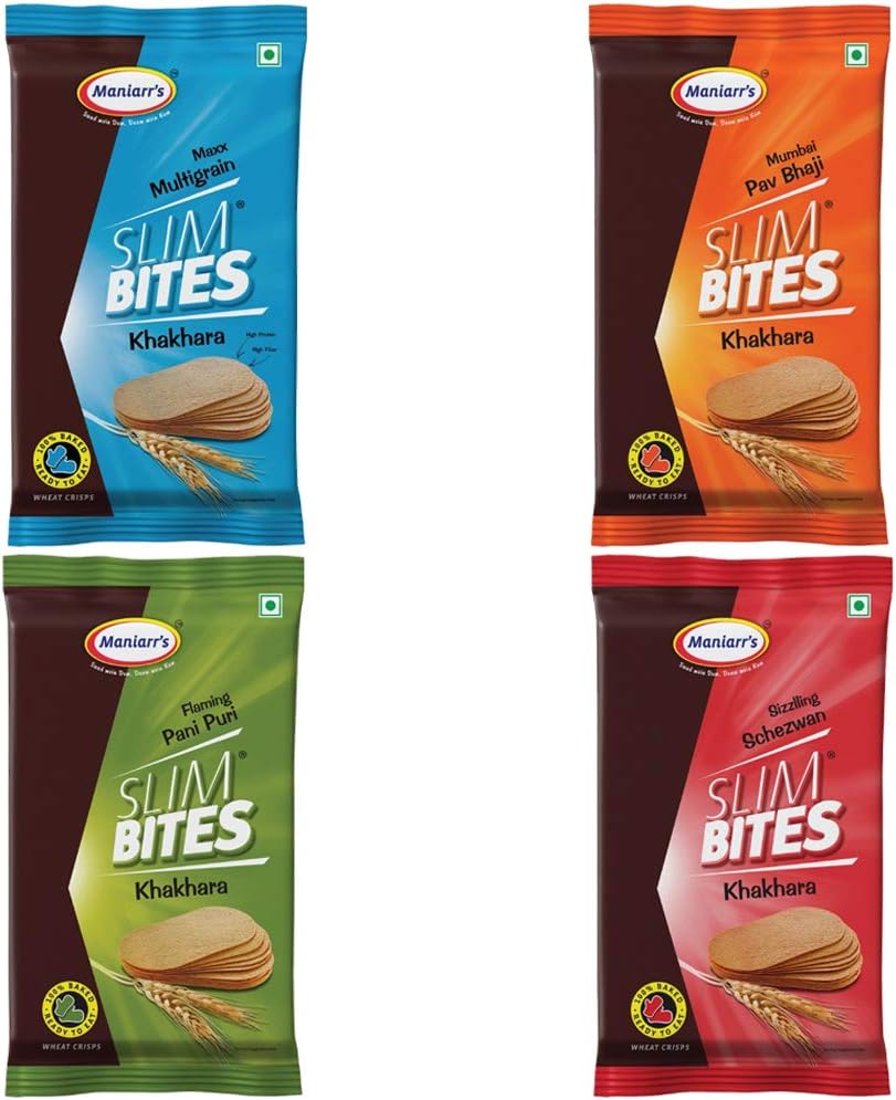 Maniaars hakhara Snacks Slim Bite Combo(Slizzling Schezwan, Flamming PaniPuri, Maxx Multigrain & Mumbai Pav Bhaji) Flavour hakhara Gujarati Cusine (Pack of 10)