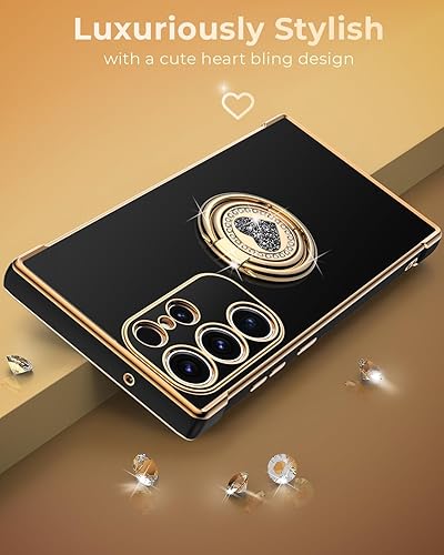 Miniatura 5 de XYZ Funda protectora de lujo para Samsung S22 Ultra con soporte, para Samsung Galaxy S22 Ultra con doble anillo, para mujeres y niñas, color negro