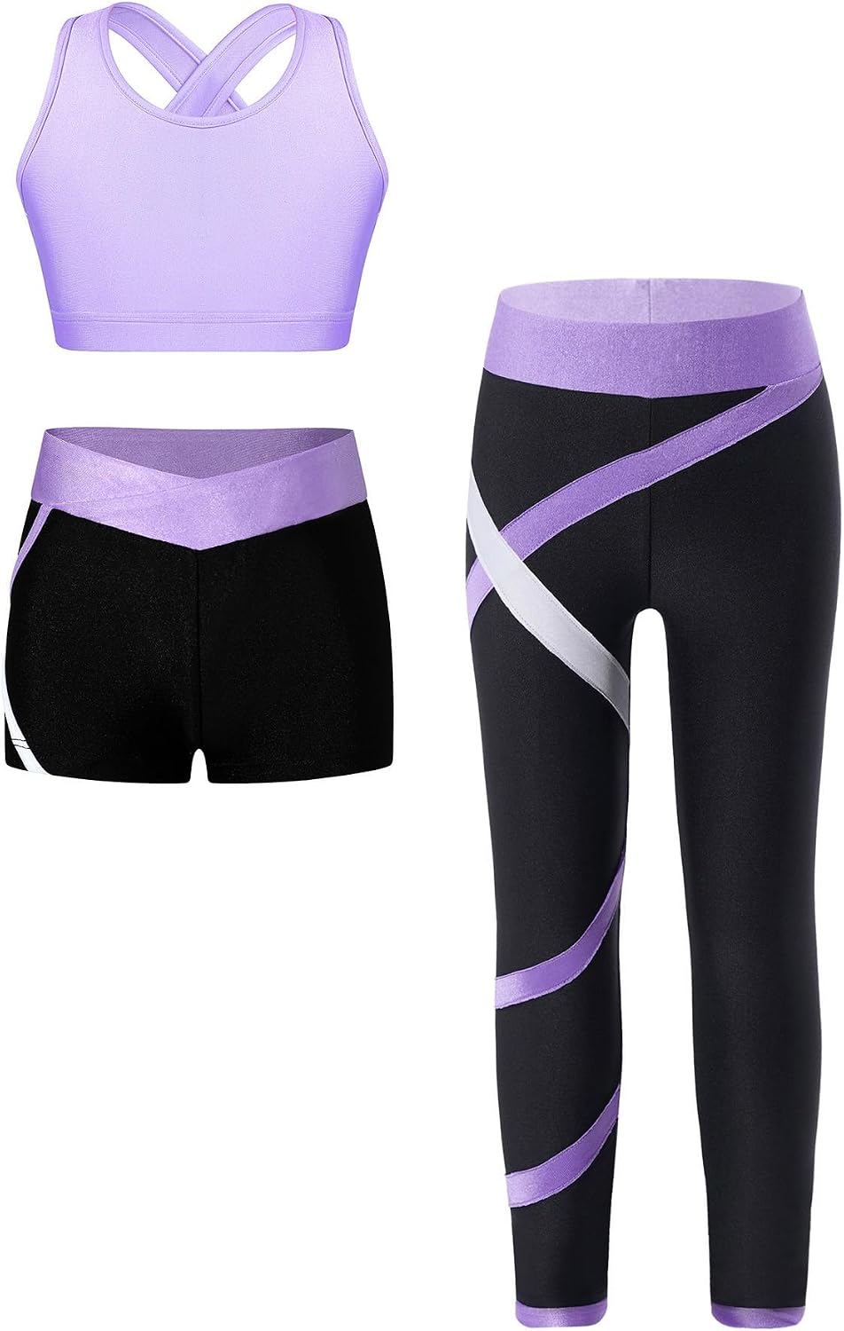 Yhong Kids Girls Gymnastics Outfit U Neck Cross Back crop Tank and Ice Skating Pants Tights Athletic Shorts 3 Piece Set