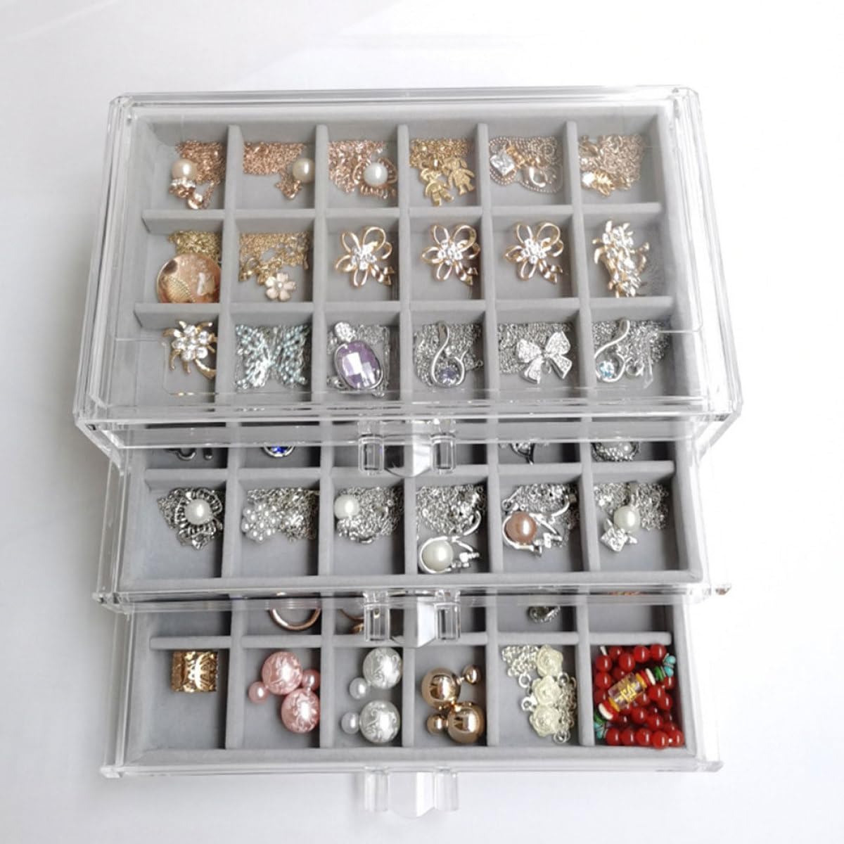 Organizador de Joyas de Acrílico Multicapa, Caja de Almacenamiento de Terciopelo Gris 3 Niveles y 54 Compartimentos, Contenedor Compacto para Collares, Pendientes y Anillos,