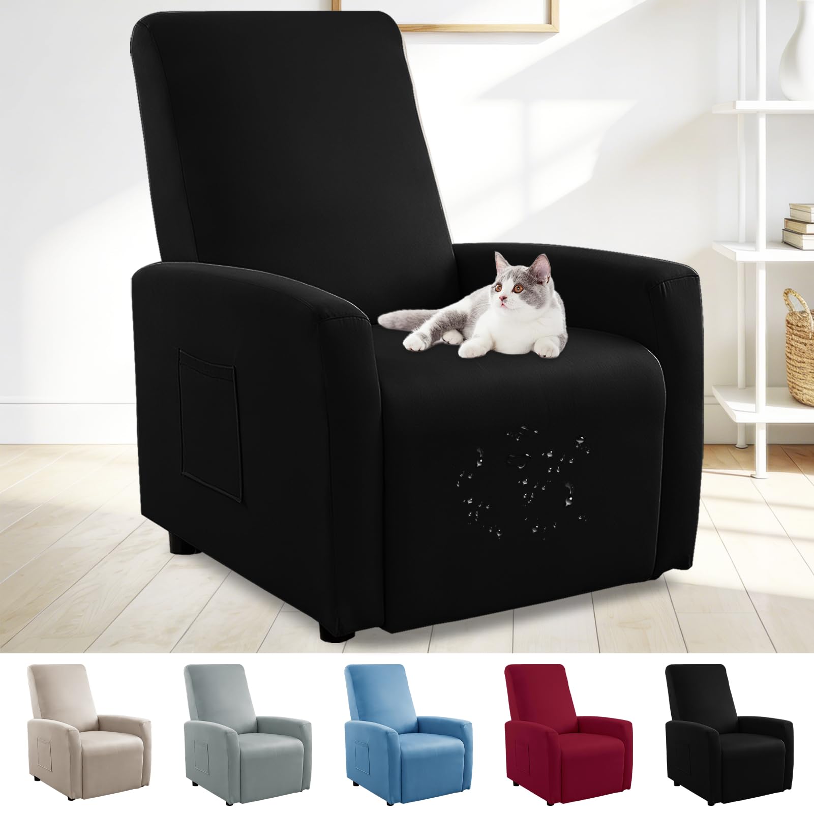 Funda Sillon Relax Reclinable, 4 Piezas Fundas Sillon Relax de 1 Plaza con Bolsillos, Impermeable Elástica Funda Butaca Reclinable Protect para Sillón de TV, Sillón Relax (Negro)