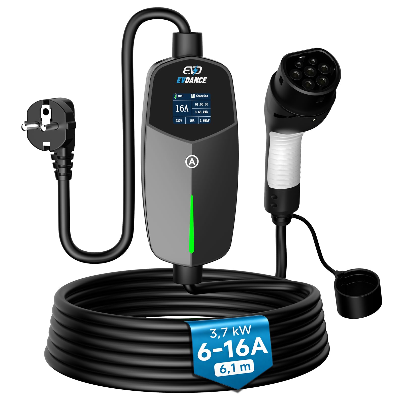 EVDANCE Cargador Coche Electrico Schuko 3,68kW, 6-16A, 6,1m, Portátil IP66