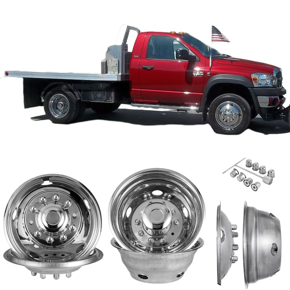 19.5 Inch Polished Stainless Steel Dually Wheel Simulators - Front & Rear Set of 4 - Bolt-On Covers for 2012-2025 Ram 4500 5500-10 Lug Hub Caps - Fits 2WD/4WD Models
