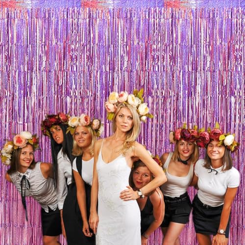 Image of TONIFUL 3Pcs Laser Light Pink Door Streamers,Laser Pink Photo Booth Backdrop Metallic Streamers Pink Foil Fringe Curtains for Birthday,Christmas,New Year,Bachelorette,Grad Party(9.9ft x 6.6ft)