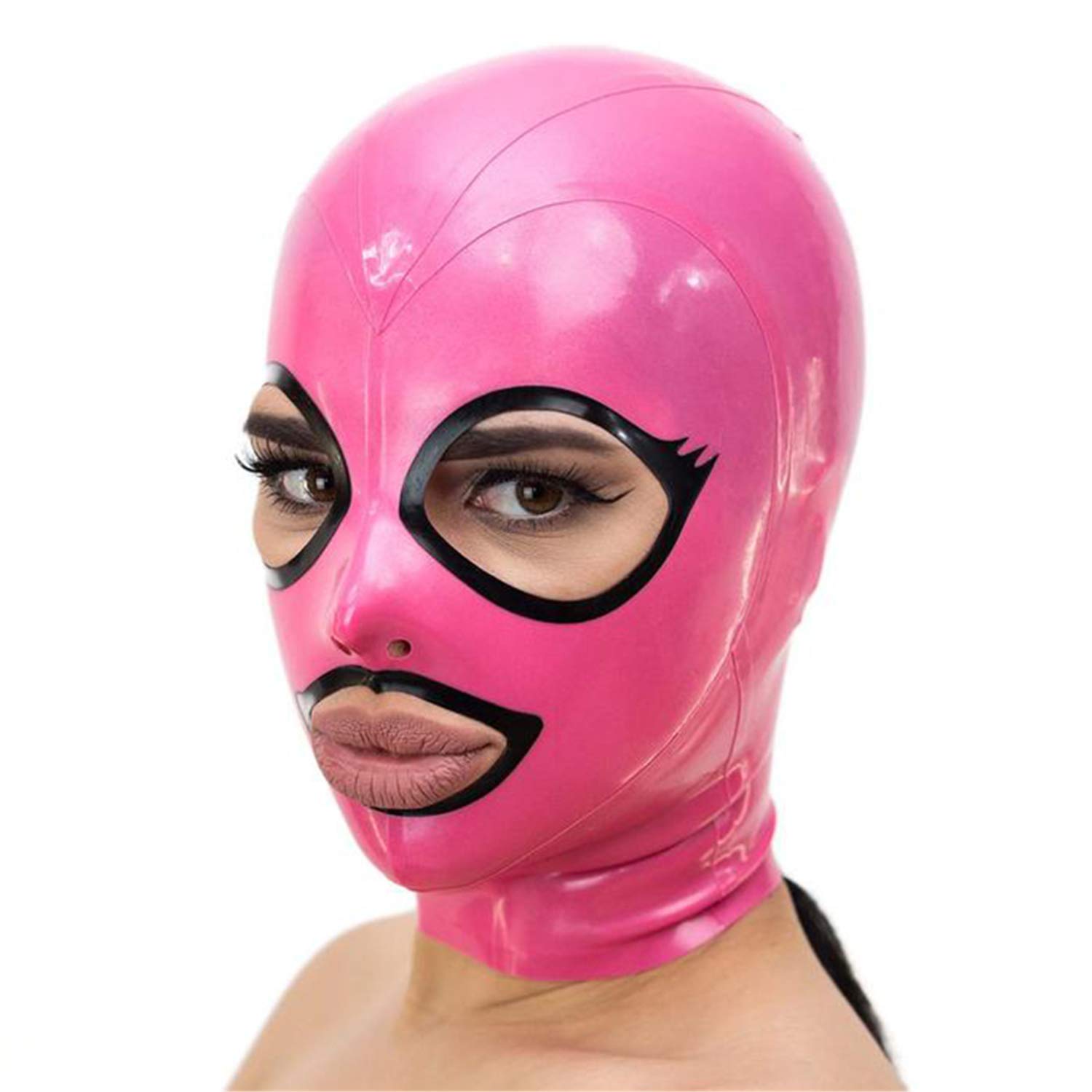 SecondSkin Pink Latex Hood with Black Brim Back Zipper Open Eyes Mouth Rubber Mask Club Party Wear (Large)