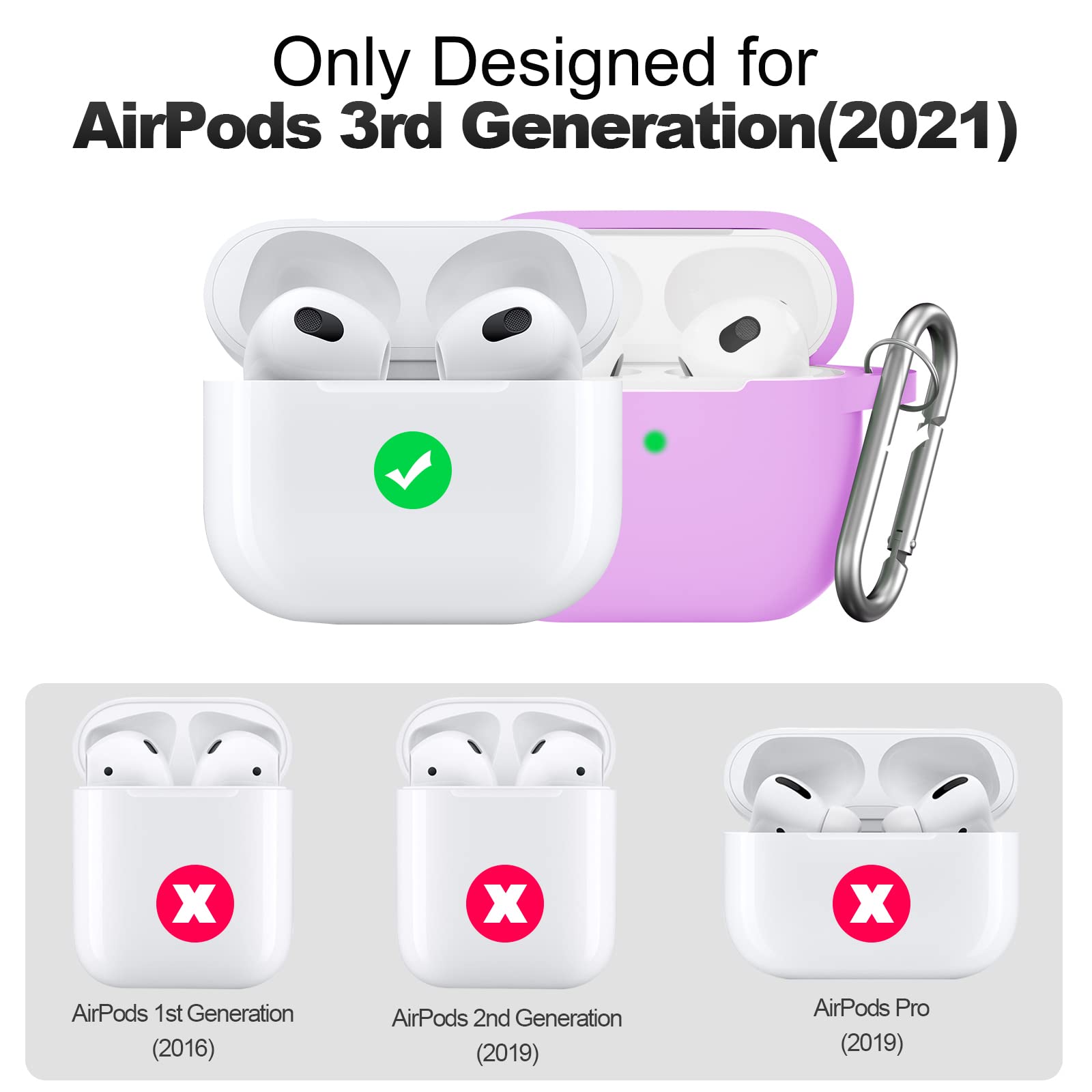 JTOMEI for AirPods 3 Case Cover with Keychain, Full Protective Silicone Case Accessories for AirPods 3rd Generation, Front LED Visible, Light Purple