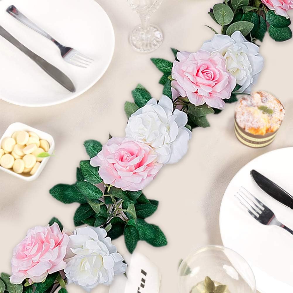 Felice Arts 2PCS(13.8FT) Artificial Rose Vine Silk Flower Garland Hanging Fake Roses Flowers Plants for Hotel Office Wedding Home Party Garden Craft Art Decor,Pink