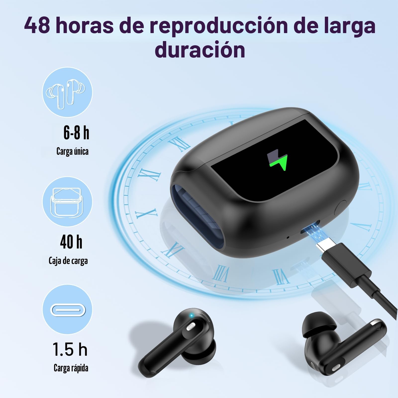 Thunelec Auriculares Inalambricos con Pantalla Táctil LED, 2026 Nuevo Auriculares Bluetooth 5.4 con Reducción de Ruido ANC+ENC y HD Mic, 48H Cascos Inalambricos con HiFi Estéreo/5 Modos EQ, Negro