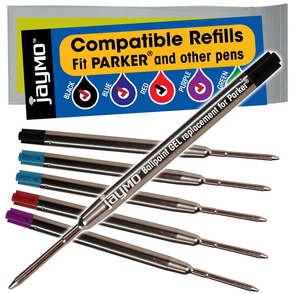 Jaymo Replacement for Parker 30525PP/30526PP and Bastion - Measures 3.875 in / 98 mm Long - G2 Gel Ballpoint Pen Refill - 2 Black + 2 Blue + Red + Purple โ image 1
