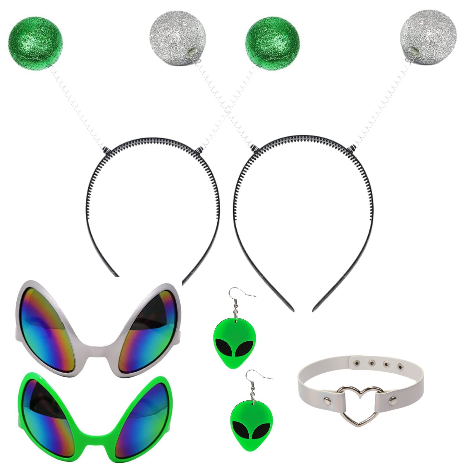 Alien Kostüm Set – Stirnband Mit Feder, Alien Brille & Silberne Handschuhe, Für Mottoparty, Karneval, Halloween