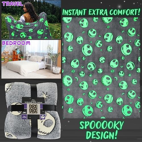 Image of Disney The Nightmare Before Christmas Glow in the Dark Throw Blanket 51x59 inch for Kids Teens Adults, Soft Fleece Throw Blanket Sofa Bed, Gifts for Kids (Grey TNBC)