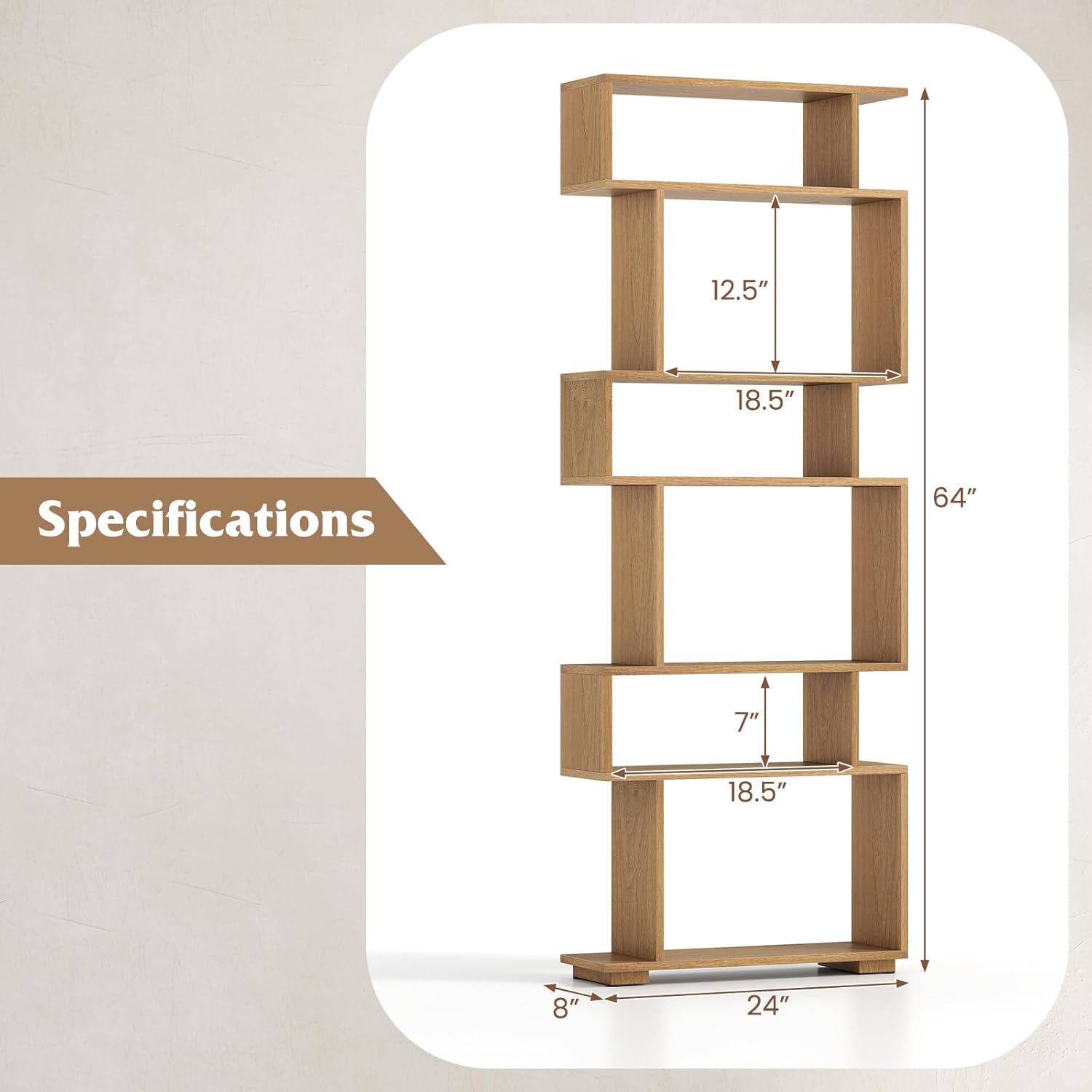 Tangkula 6-Tier S-Shaped Bookshelf, 64" Freestanding Geometric Bookcase, Home Office Wood Storage Shelf with Anti-Toppling Device, Room Divider Display Rack for Study, Living Room (1, Natural)