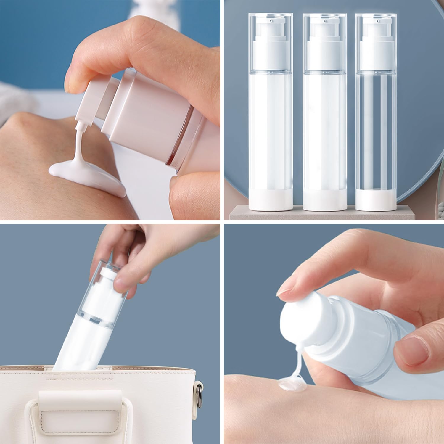 Airless dozownik z pompką, 6 sztuk, 50 ml, puste butelki na krem, do wielokrotnego napełniania, próżniowe butelki podróżne do napełniania, do podróży, balsamów, szamponów, kosmetyków