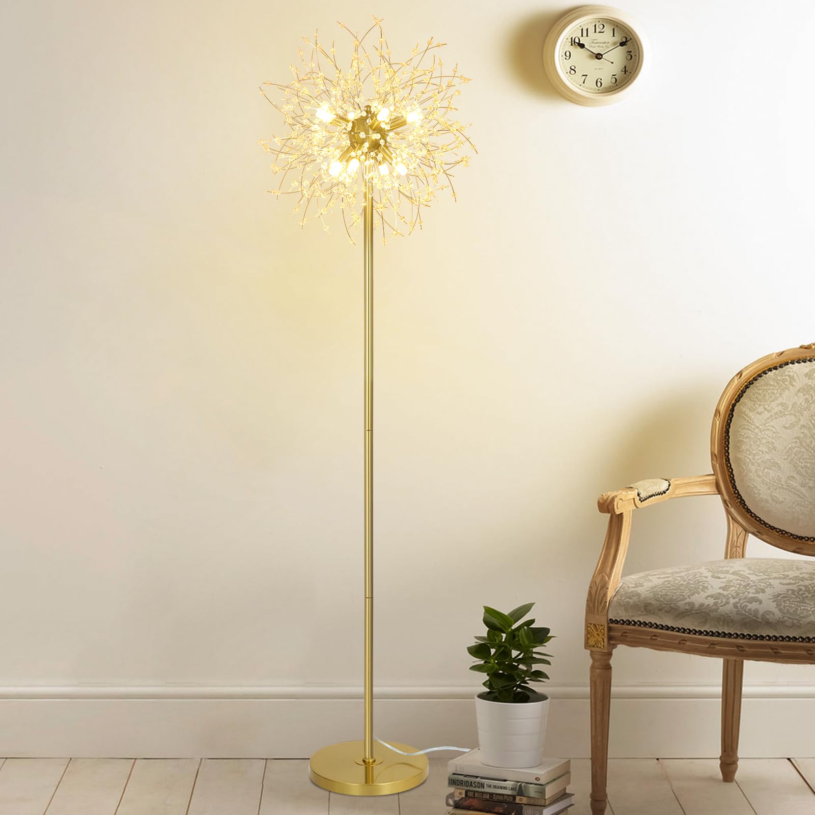 Rayofly Modern Stehlampen, Gold Feuerwerk Kristall Stehlampe Wohnzimmer, 8-Flammige Kristalle Stehlampen mit Fußschalter, Hohe 172CM, Glas Metall Stehleuchte, Golden Stehlampe für Schlafzimmer