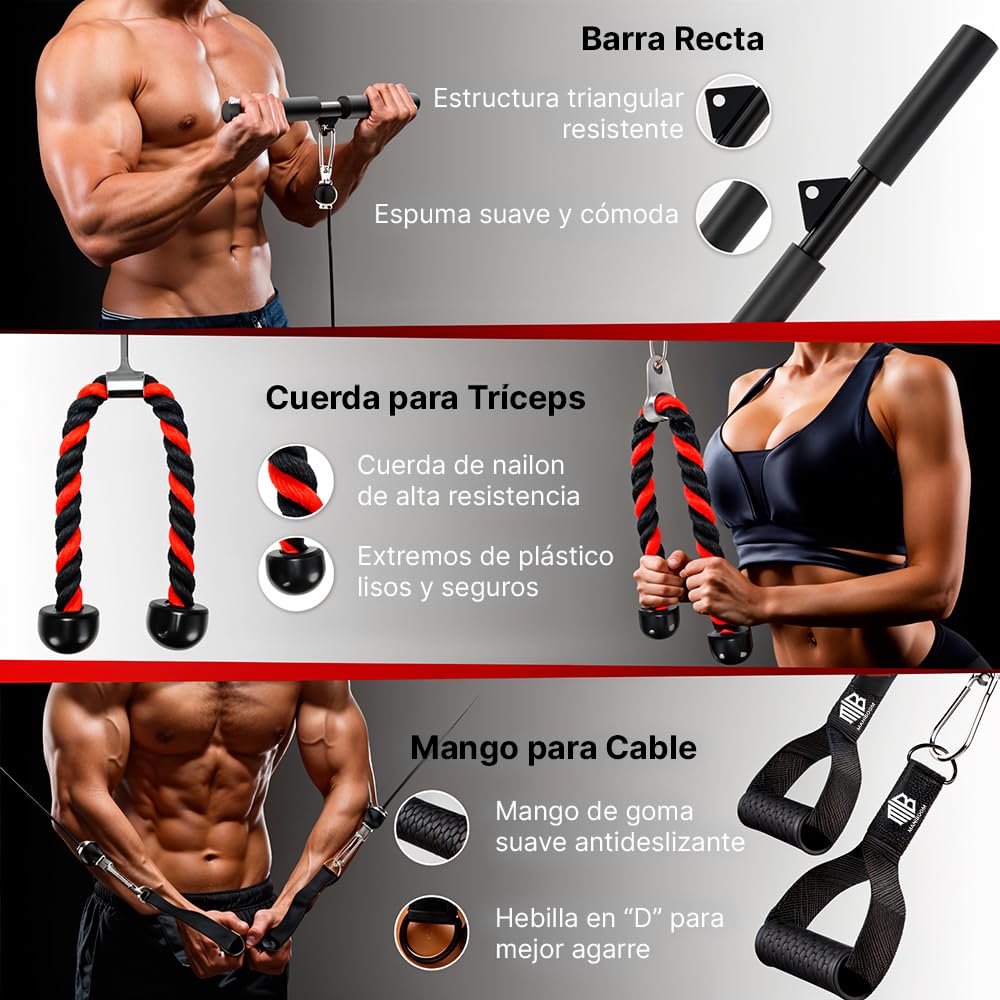 ManiBoom Polea Gimnasio Casa Multifuncional - Kit de Poleas de Musculacion Ajustable con Accesorios Barra 2 en 1 + Cuerda Triceps + Asas - Maquina Home Gym - Rack Pared Multigym