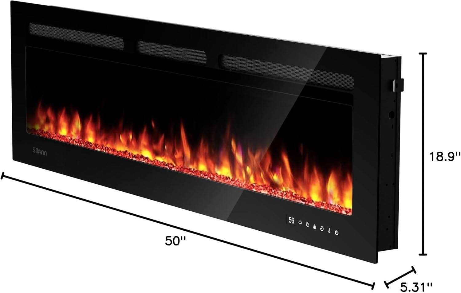 Diagram showing two installation methods: wall-mounted and recessed for the Silonn electric fireplace.