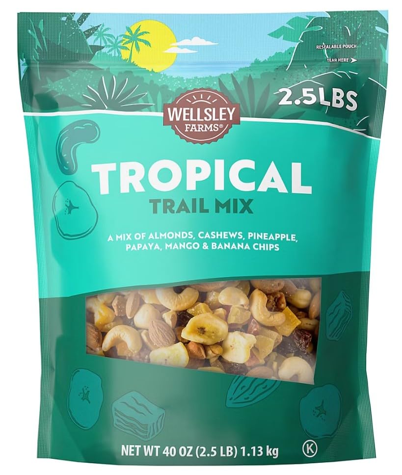 Wellsley Farms Tropical Trail Mix, 40 oz Resealable Bag – Dried Pineapple, Mango, Papaya, Banana Chips, Cashews, Almonds & Peanuts, No Artificial Flavors, Kosher Certified.