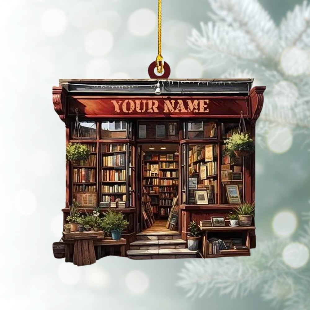 Personalized Book Store 2D Flat Ornament for Christmas Tree, Custom Bookstore Flat Ornament Tree Decoration for Book Lover, Personalized Book Ornaments for Librarian/Reader/Teacher
