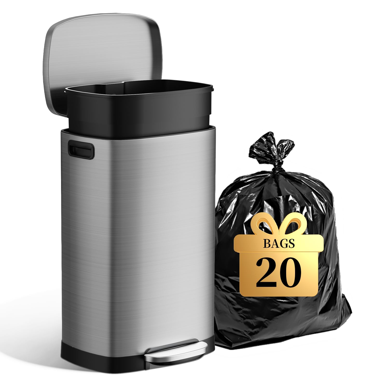 13 Gallon Trash Can with Lid 50L Fingerprint Proof Stainless Steel Kitchen Trash Can with Removable Inner Bucket