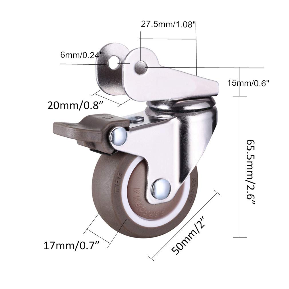 Gummirollen, Lenkrollen, 4 Lenkrollen for Kinderbetten, mit 20 mm P-Typ-Halterung, 3,8 cm/5,1 cm Gummi-Möbelrolle mit Bremsen, geräuschlos, faltbar, Kugellager, Tragfähigkeit 80 kg, mit Schrauben (50