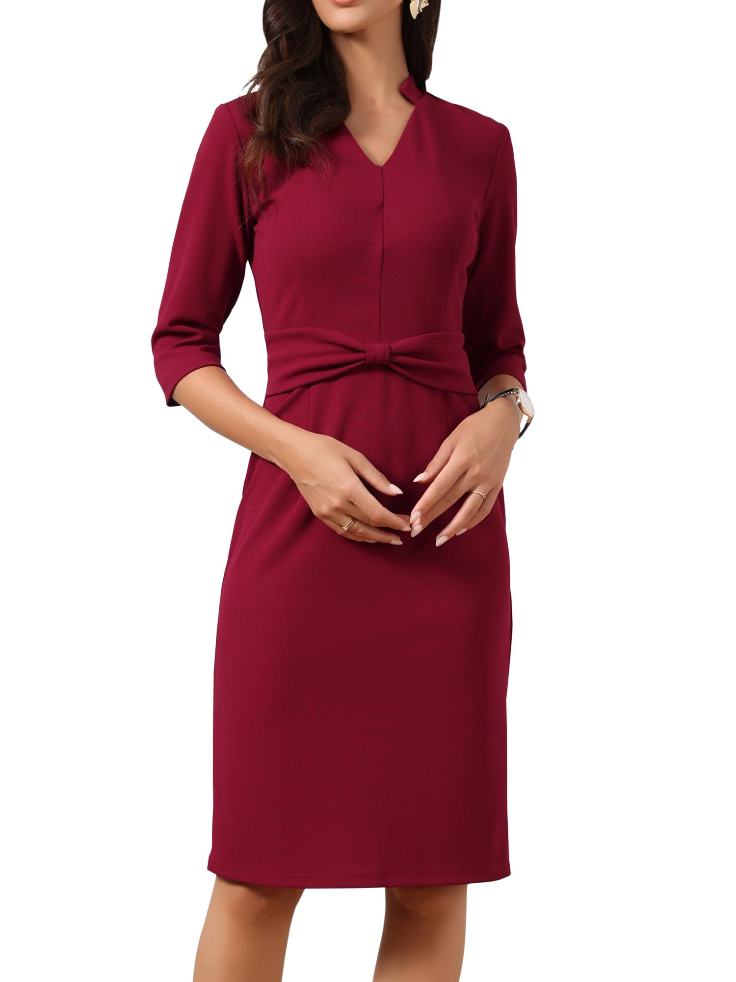 Allegra K Work Dresses for Women 3 4 Sleeve Stand Collared V Neck Business Office Bodycon Sheath Dress