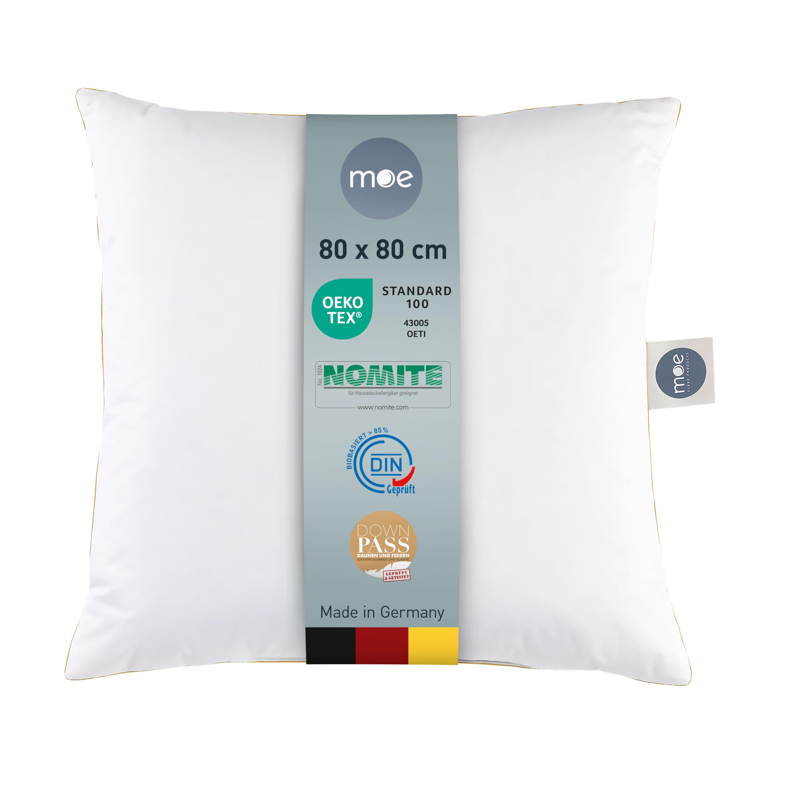moe Luxury Dream 3-Kammer-Kopfkissen 80x80 cm - Federn- und Daunenkissen, Kissen, Made in Germany, Bezug 100% Baumwolle, für Allergiker geeignet, Füllmenge 1100 g