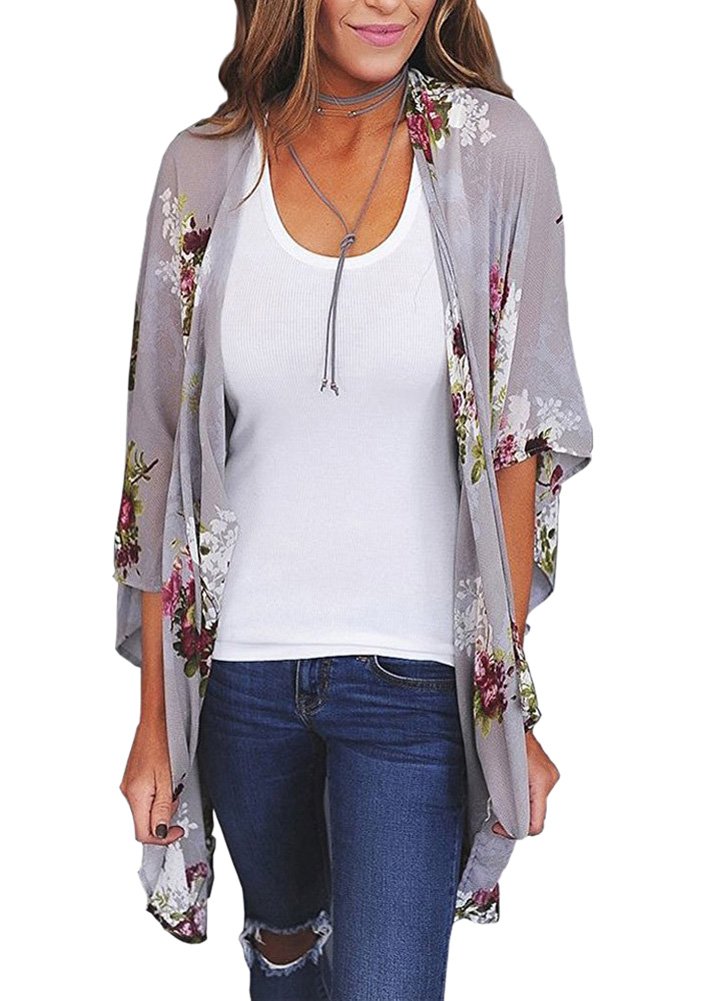 Camisunny Women Chiffon Printed Cardigan Kimono Robe Tops Beach Bikini Cover up Blouse