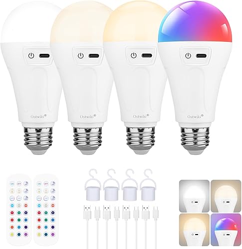 5200mAh Rechargeable Light Bulbs for Lamps,Led Battery Backup Light Bulb with Remote Control, 4 Pack A21 Wireless Emergency Bulbs for Power