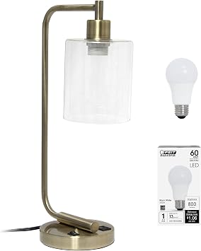 Simple Designs LD1066-ABS-LB Industrial Vintage Bronson Iron Lantern Desk Table Lamp with USB Port and Glass Cylinder Shade for Office, Living Room, Bedroom, Antique Brass, With Feit LED Bulb Included