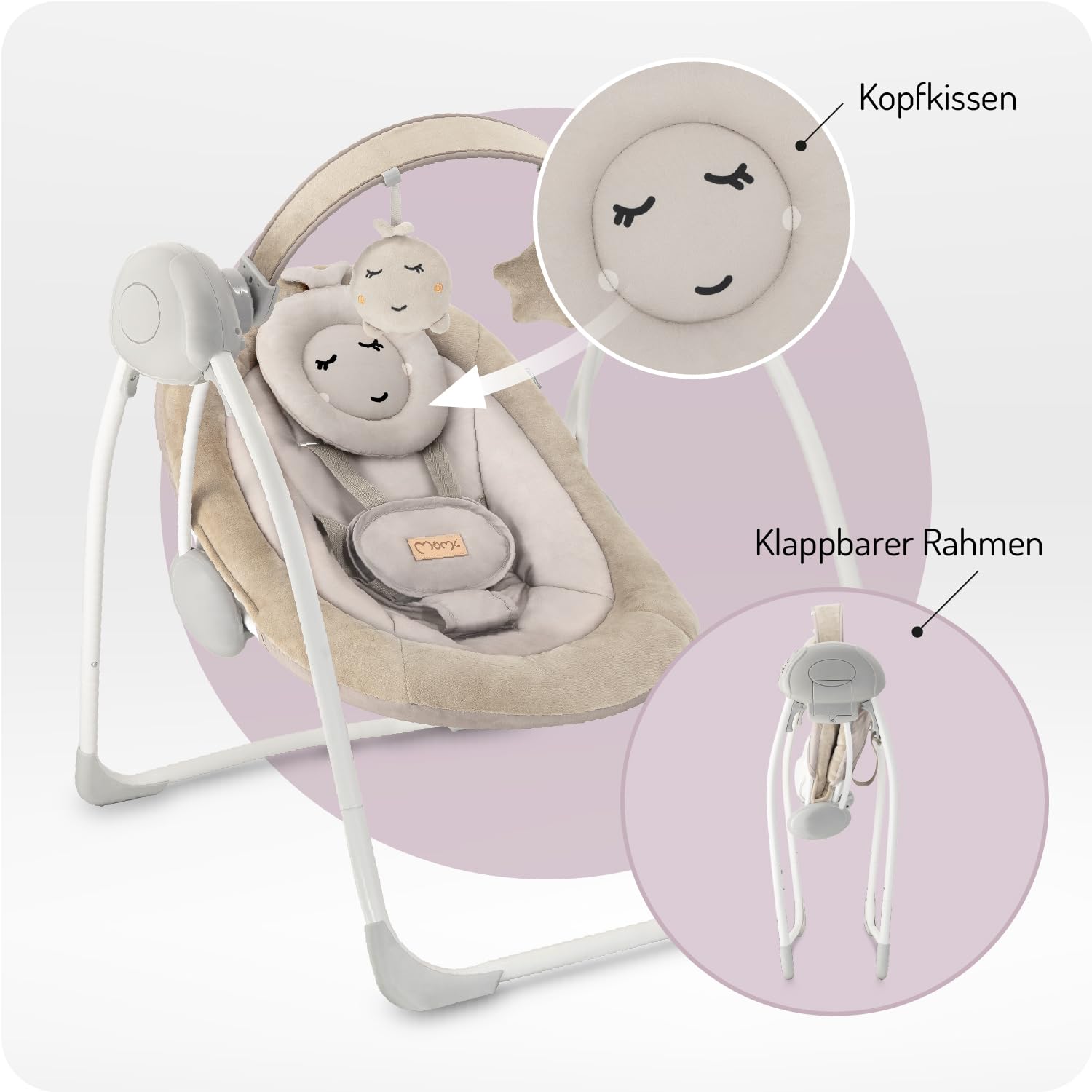 MoMi Babywippe LISS für Babys bis 9 kg, faltbar, Batterie- oder Netzbetrieb, Netzteil mit USB-Kabel, 5-Punkt-Sicherheitsgurt, Bügel und Spielzeug, 6 Melodien, Timer, 5 Schaukelgeschwindigkeit