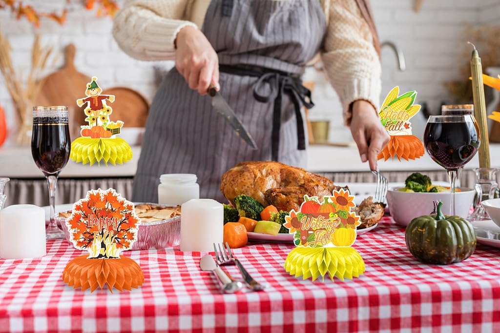 Happy Fall Table Honeycomb Centerpieces, Autumn 3D Honeycomb Centerpieces Topper Harvest Scarecrow Truck Pumpkin Sunflower Sign Autumn Party Deocrations for Thanksgiving Party Favors Supplies