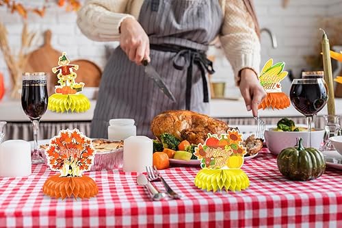 Vista 19 de Centros de mesa de Acción de Gracias, Happy FAL Ya'll 3D Honeycomb Centros de mesa de cosecha, gnomos, calabaza, naranja, letrero de otoño