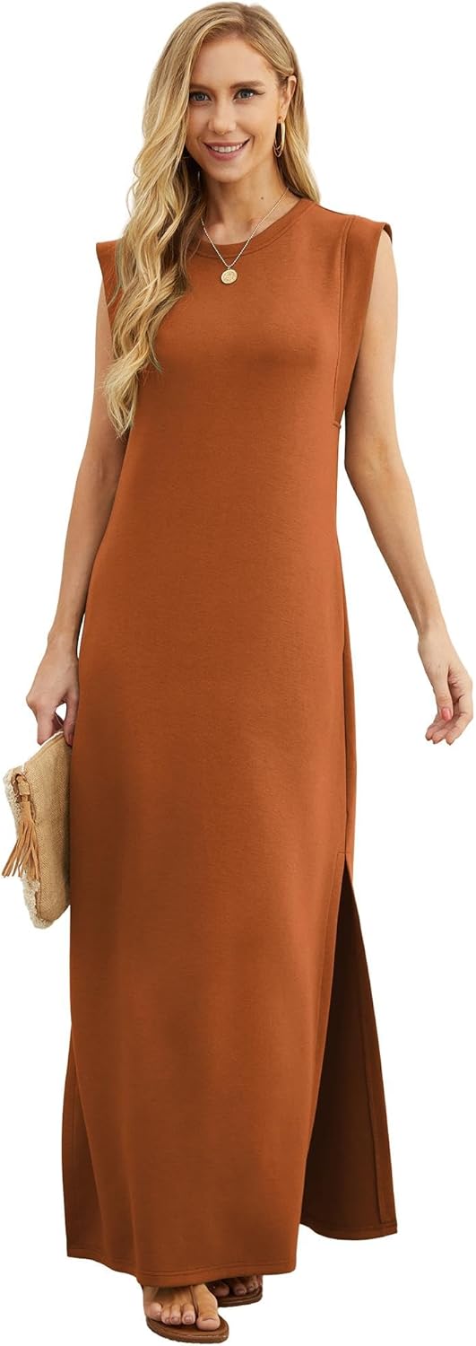 GRECERELLE 2026 Women Year-Round Casual Round Neck Loose Split Wrinkle-Free Long Maxi Vacation Dress with Pockets (XXS-4XL) - Image 6