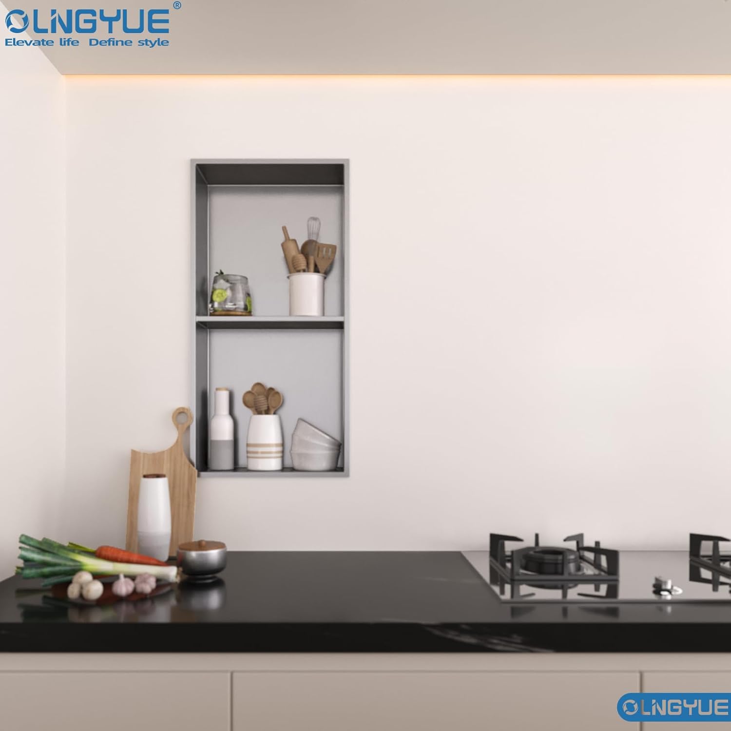 12x24 Bathroom Shower Niche Shelf: Double Layer Stainless Steel No Tile Needed - Recessed Wall Niches Box for House Decoration - Brushed Nickel