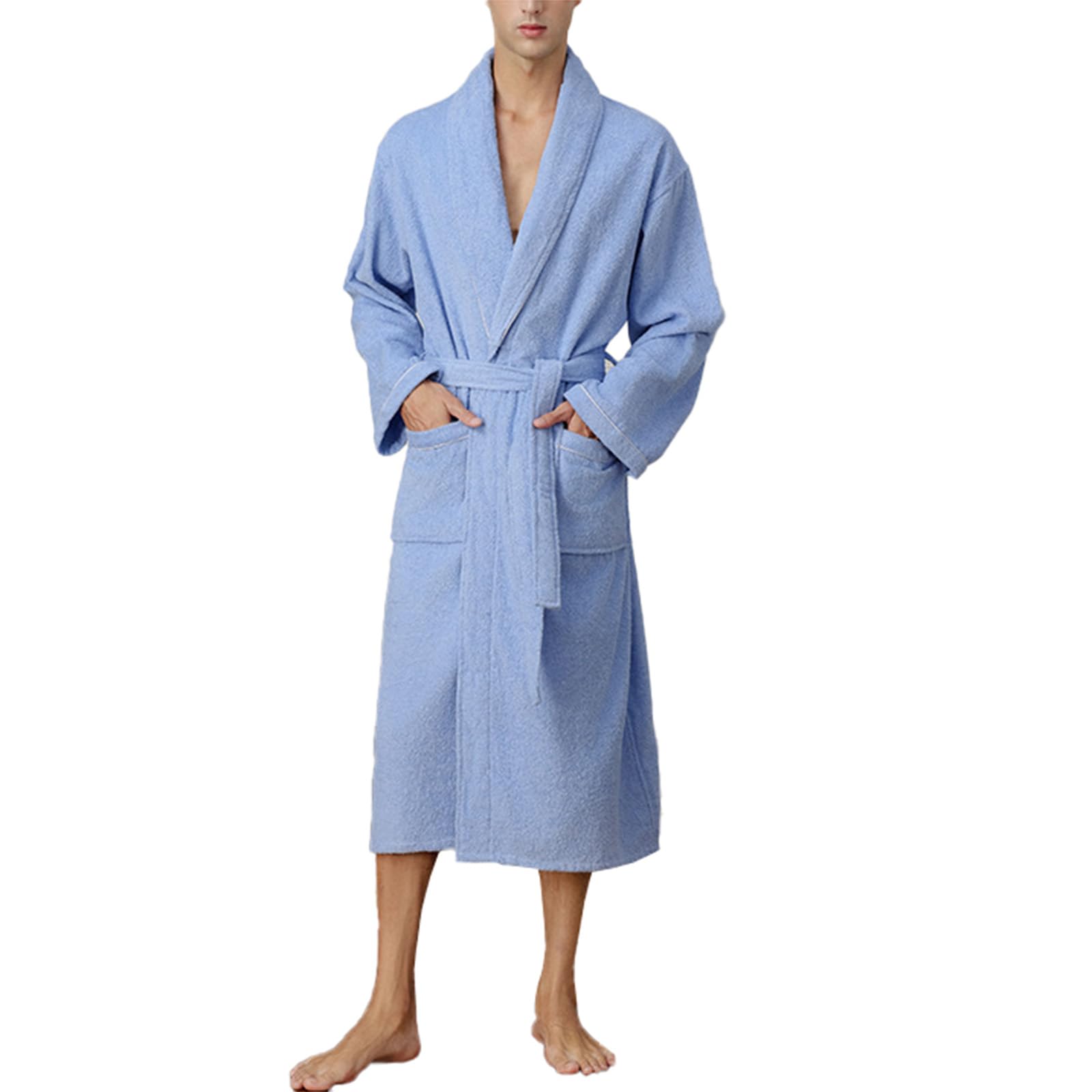 TIANQIHAO Terry Cotton Bathrobe For Men Long Spa Robe Soft Touch Women'S Robe Long Kimono,Blue-Small