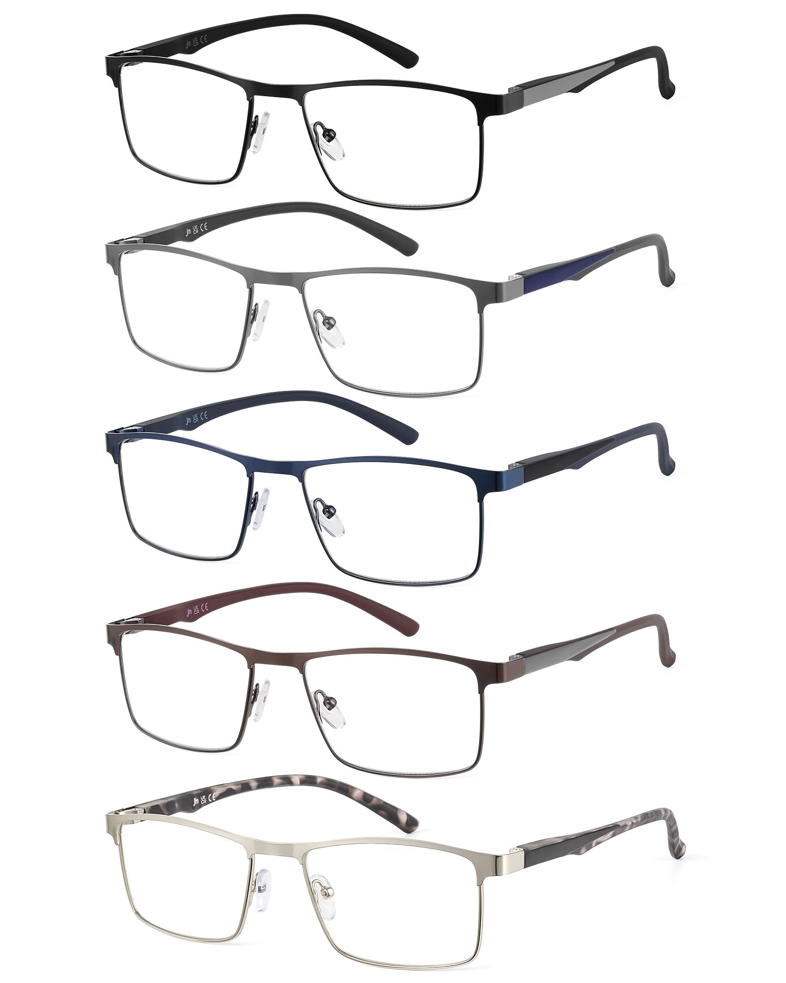 JM 5 Pack Rectangular Reading Glasses Men, Blue Light Blocking Computer Readers, Metal Thin Frame Spring Hinge Eyeglasses, 1.75+