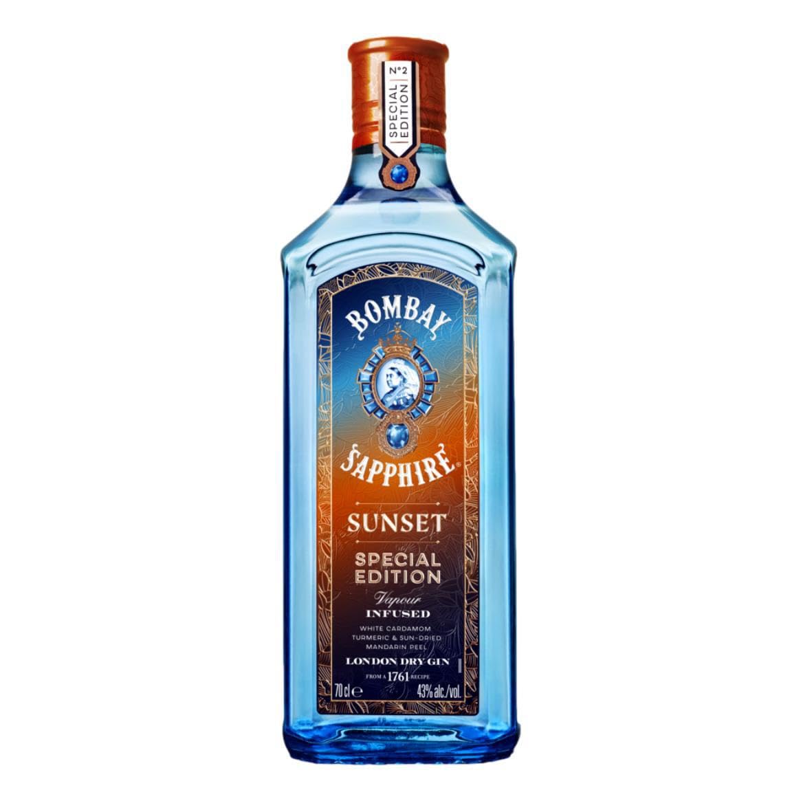 Bombay Sapphire Sunset Limited Edition Premium London Dry Gin, Ginebra infusionada al vapor con cardamomo blanco, cúrcuma y mandarinas secadas al sol, 43 % vol., 70 cl / 700 ml