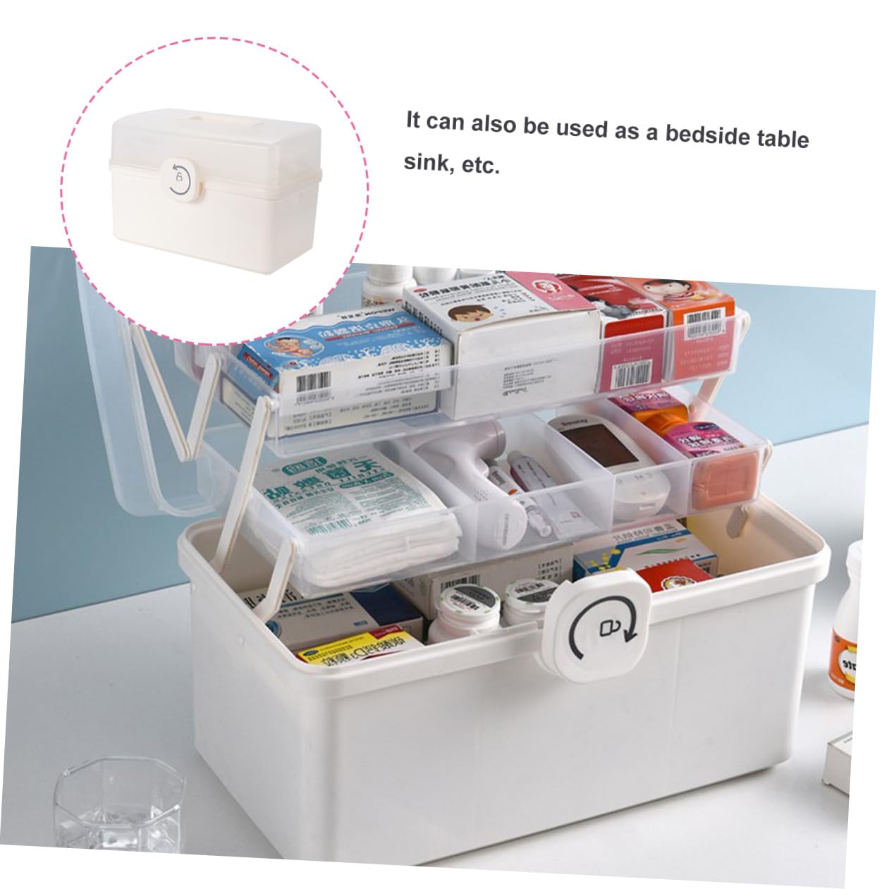 Mikinona Scatola Manico e Chiusura Rotante Portatile per Medicinali in Plastica Bianca Design Multi-strato per Casa e Uso Domestico