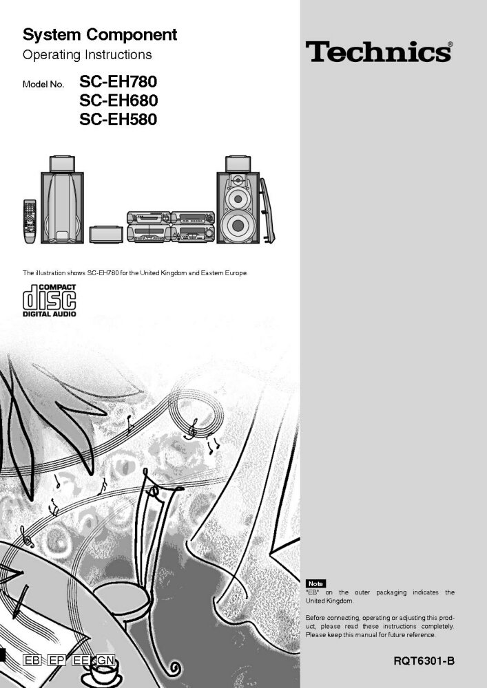 Front cover of the Technics System Component Operating Instructions manual, showing the Technics logo, model numbers SC-EH780, SC-EH680, SC-EH580, and an illustration of the audio system components including speakers, main unit, and remote control.