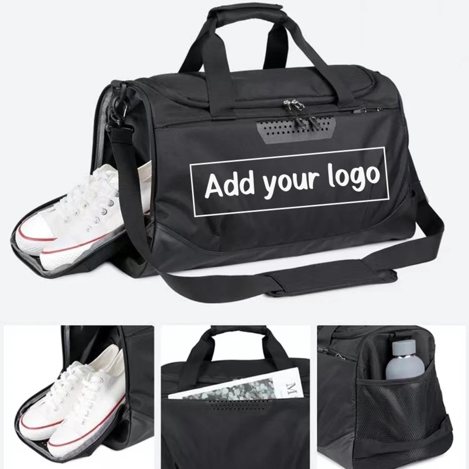 Borsone da Palestra Personalizzato Logo/Testo Personalizzato Borsa da Palestra Sportiva Uomo Donna Tasche Bagnate/asciutte e Scomparto per Scarpe Ideale Fitness Fine Settimana Black,51x28x24cm