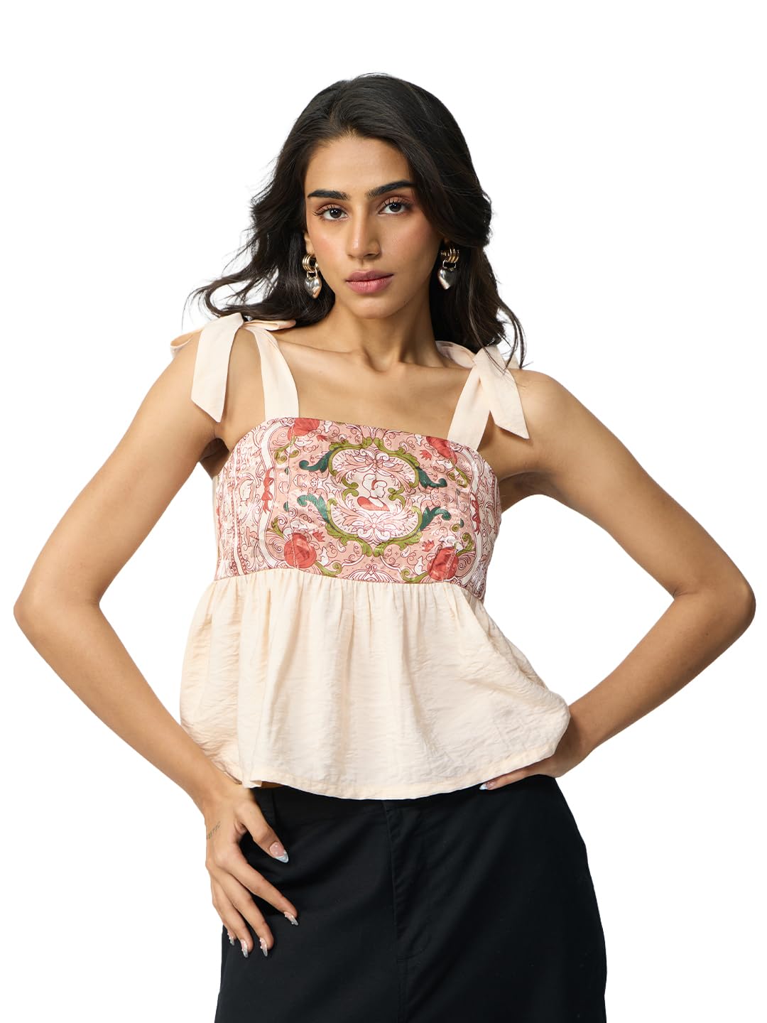 The Souled Store Débardeur Disney Princess Fairy Tale pour femme et fille, col carré, rose clair, motif floral, mélange de viscose et nylon, coupe ajustée, léger, décontracté