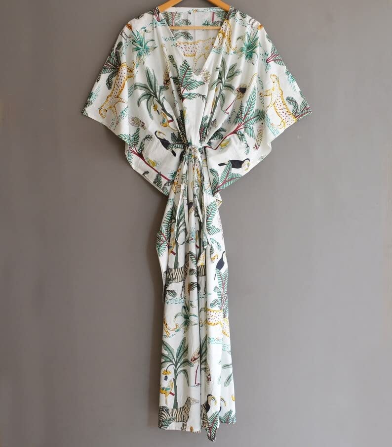 Cotton Hand Block Print Kaftan Sleepwear Maxi Dress Robe, Women Dress Long Caftan,Dress Beach Cover up, Indian Handmade Floral Cotton Kaftan Multi3