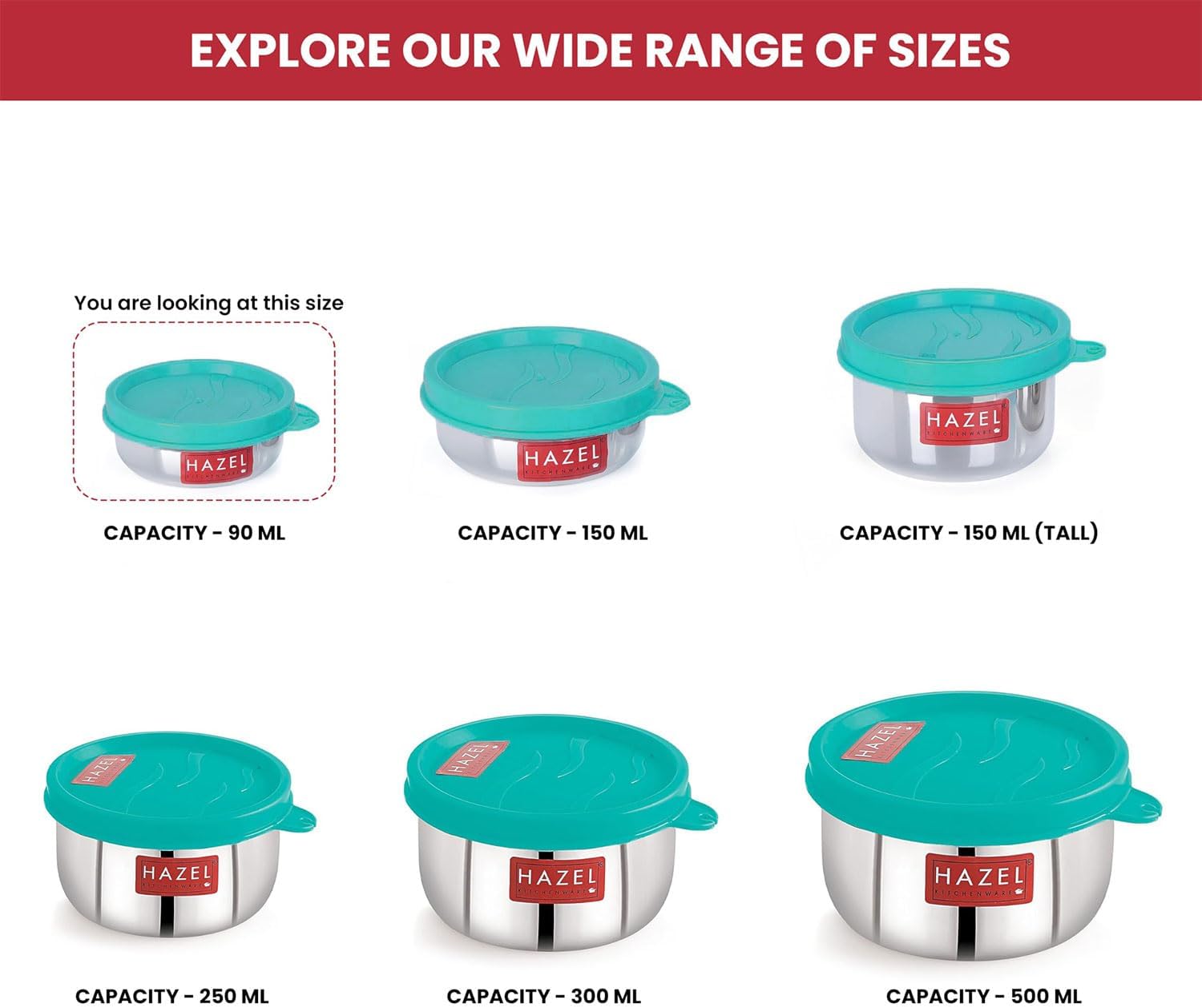 HAZEL Stainless Steel Air Tight Kitchen Storage Containers | Lunch box Set of 6 | Stainless Steel Storage Containers for Kitchen with Leakproof Lid, 90 ML Each