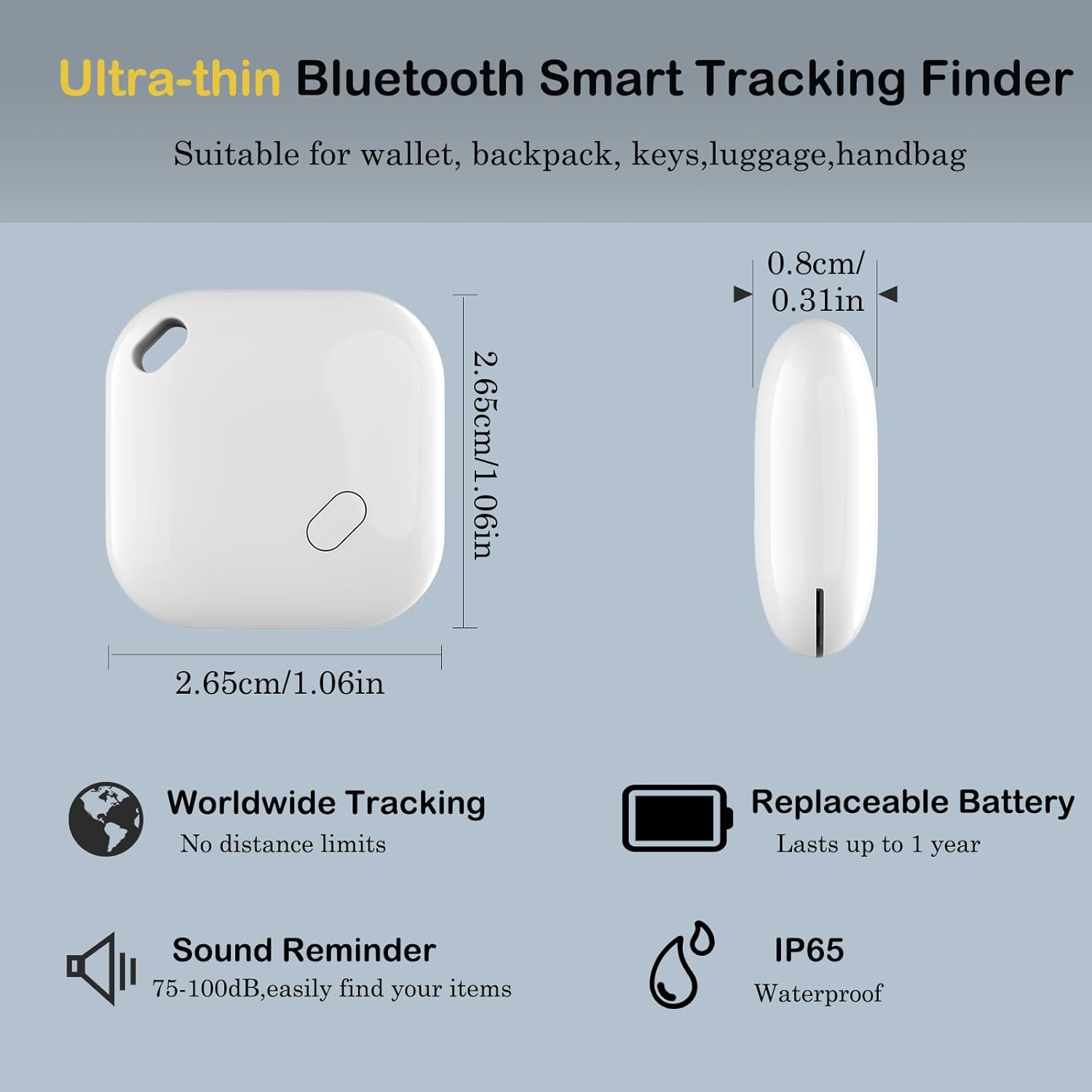 Key Finder, Wallet Tracker Works with Apple Find My (iOS only), Bluetooth Luggage Tracker and Item Locator for Keys, Bags, Replaceable Batteries