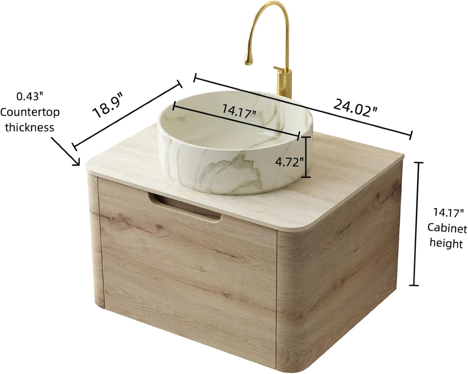 Bathroom Vanity with Sink, 24" Wall-Mounted Bathroom Storage Cabinet with Round Ceramic Basin & Soft-Close Undermount Drawer, Modern Pre-assembled Floating Vanity with Curved Design, White Oak